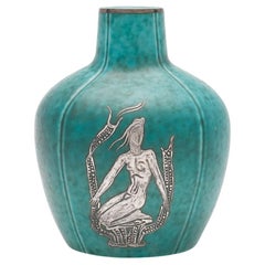 Swedish Art Deco Wilhelm Kage Argenta Turquoise and Silver Vase, 1930s