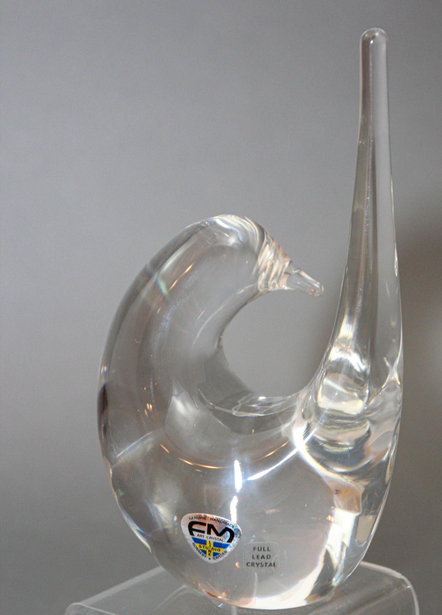 Scandinavian Modern Swedish Art Glass Crystal Bird Paperweight by FM Konstglas 1970s For Sale