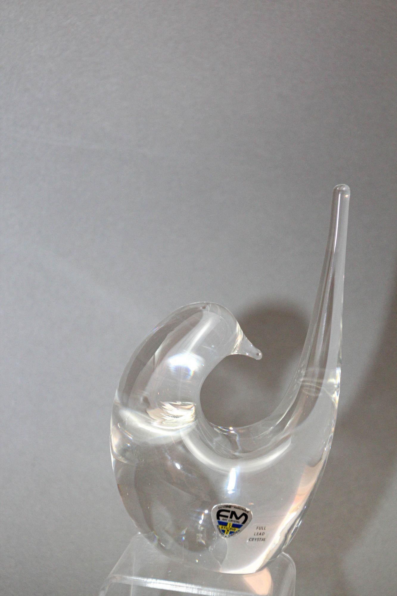 Swedish Art Glass Crystal Bird Paperweight by FM Konstglas 1970s For Sale 1