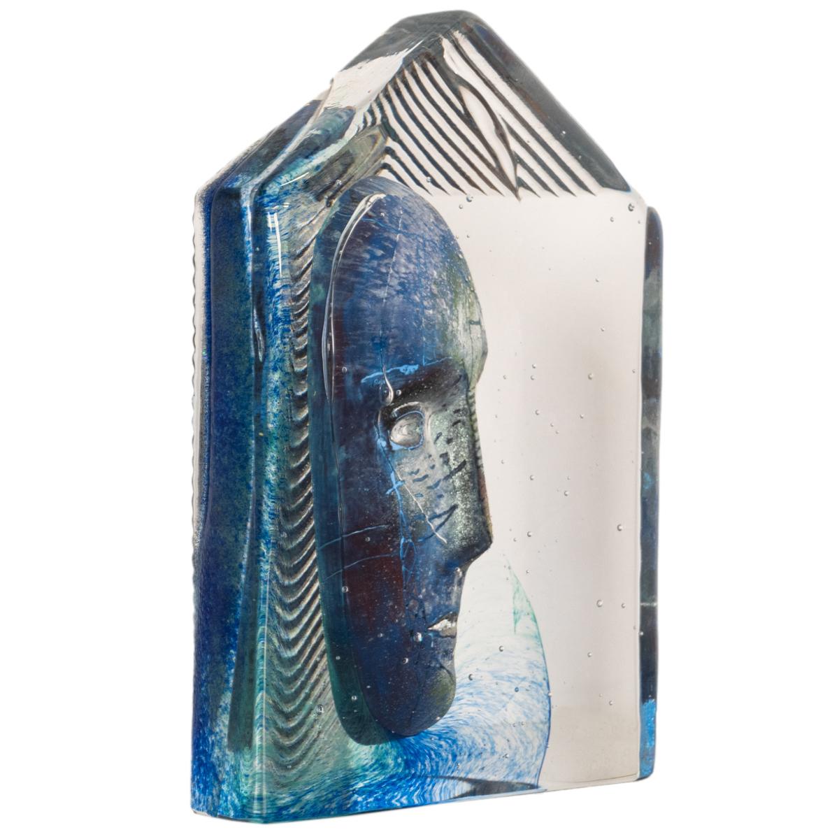 Swedish Art Glass Sculpture Blue Head Bertil Vallien Kosta Boda Signed Numbered 6