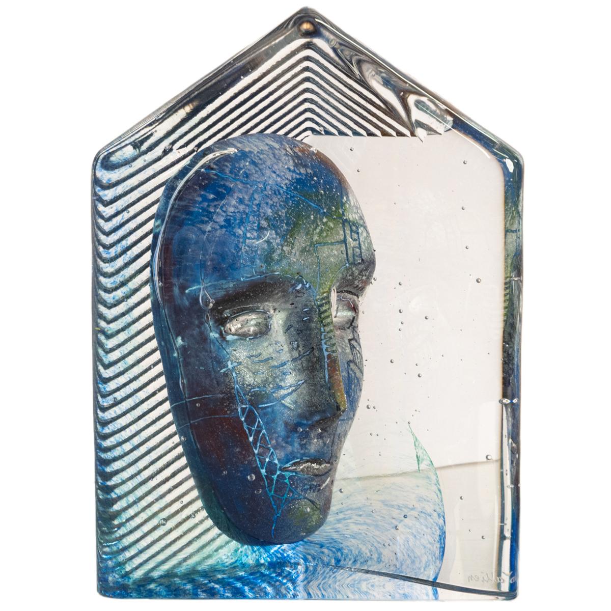 Swedish Art Glass Sculpture Blue Head Bertil Vallien Kosta Boda Signed Numbered 7