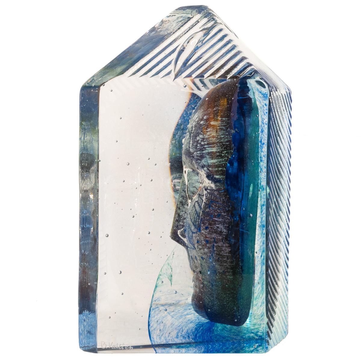 Late 20th Century Swedish Art Glass Sculpture Blue Head Bertil Vallien Kosta Boda Signed Numbered