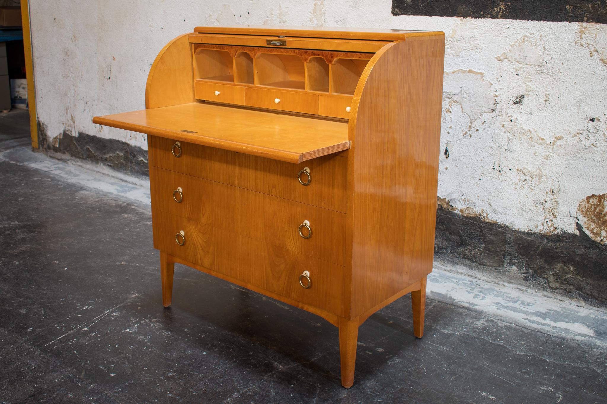 Veneer Swedish Art Moderne Roll-Top Writing Desk in Elm with Burl Elm Accents