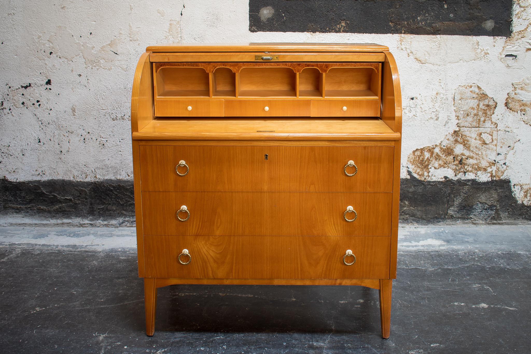 Mid-20th Century Swedish Art Moderne Roll-Top Writing Desk in Elm with Burl Elm Accents