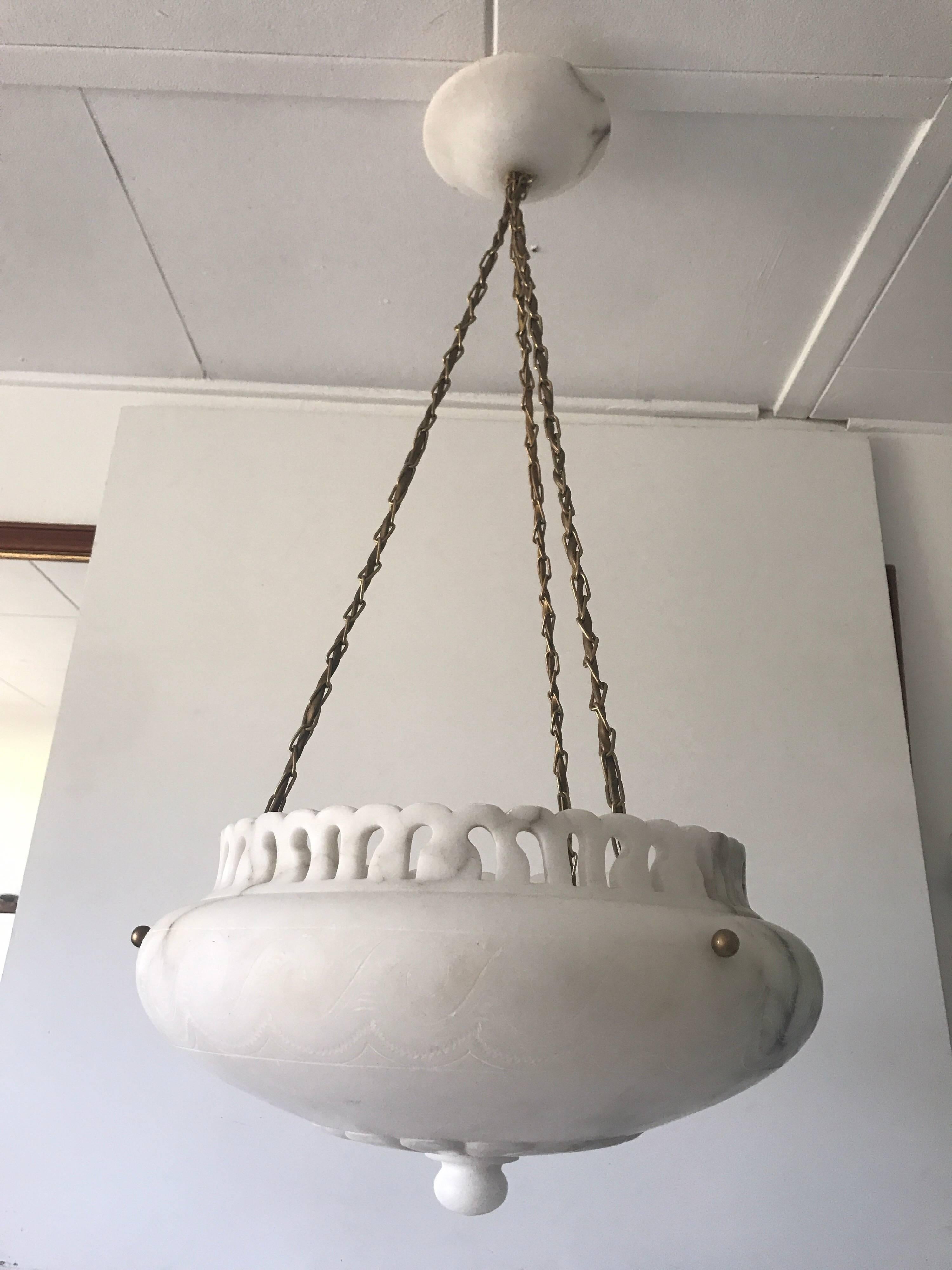 Swedish Art Nouveau Carved Alabaster Pendant Lamp For Sale 2