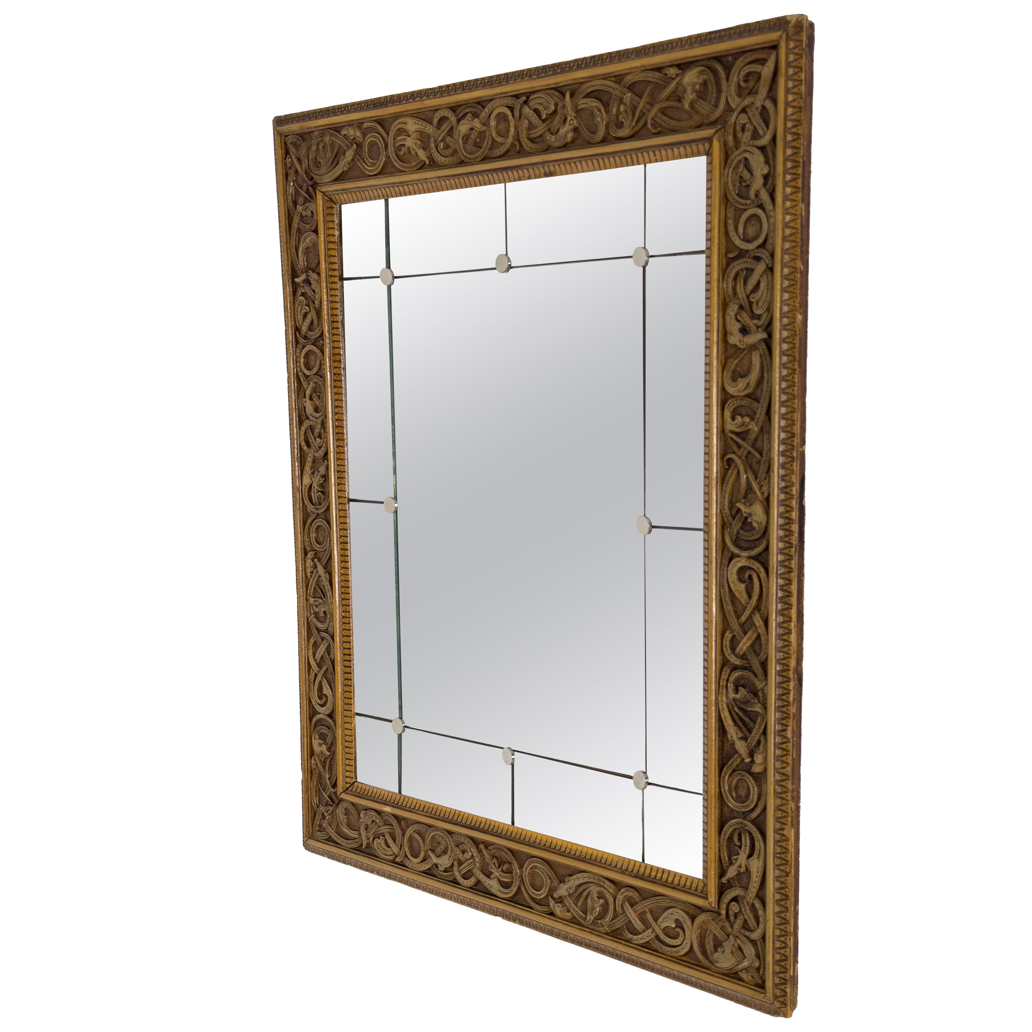 Swedish Art Nouveau Folk Art Mirror, Hand-Carved Wood, Circa 1900