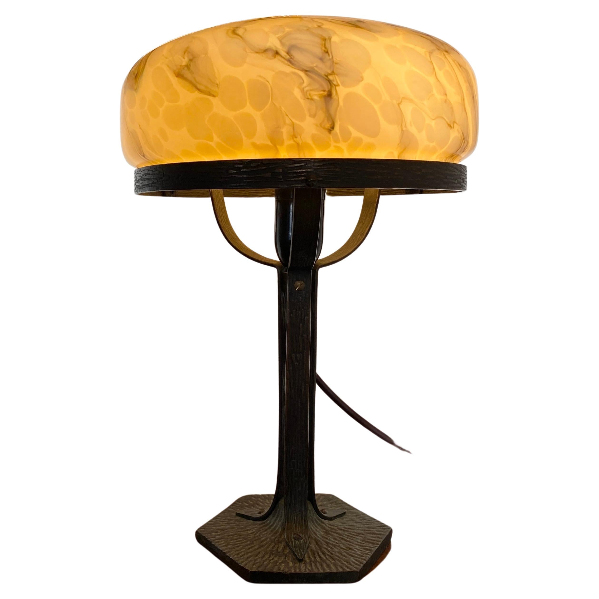 Early 20th century Strindberg Model Table Lamp in Hammered Copper Base and Frosted Art Glass Shade. 


