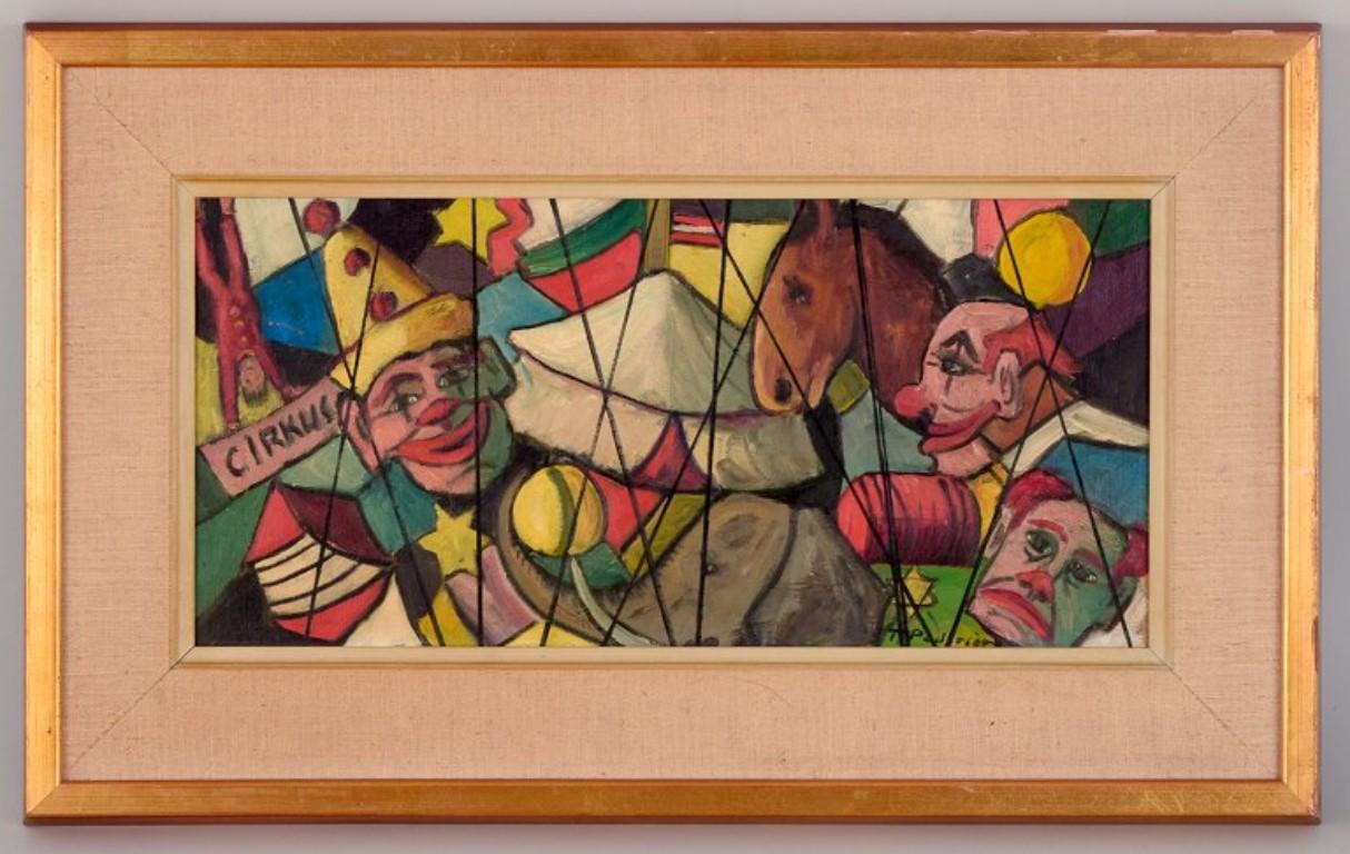 Swedish artist. Oil on board. 
Circus motif with clowns, horses, and elephants.
