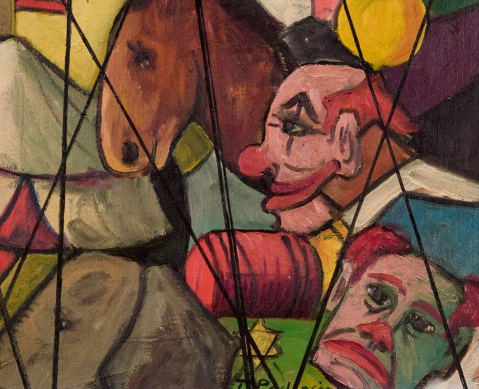 20th Century Swedish artist. Oil on board. Circus motif with clowns, horses, and elephants.  For Sale