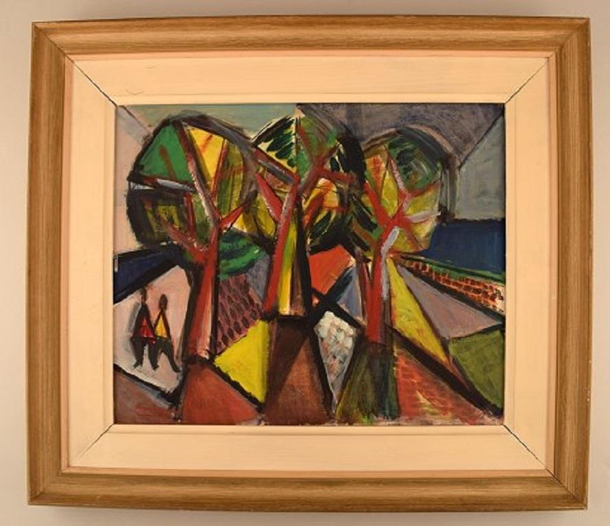 Swedish artist. Oil on board. Three trees and persons. Modernist landscape in strong colors, 1960s.
The board measures: 44.5 x 36 cm.
The frame measures: 9 cm.
Signed.
In very good condition.