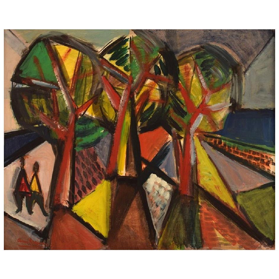 Swedish Artist, Oil on Board, Three Trees and Persons, Modernist Landscape