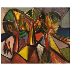 Swedish Artist, Oil on Board, Three Trees and Persons, Modernist Landscape