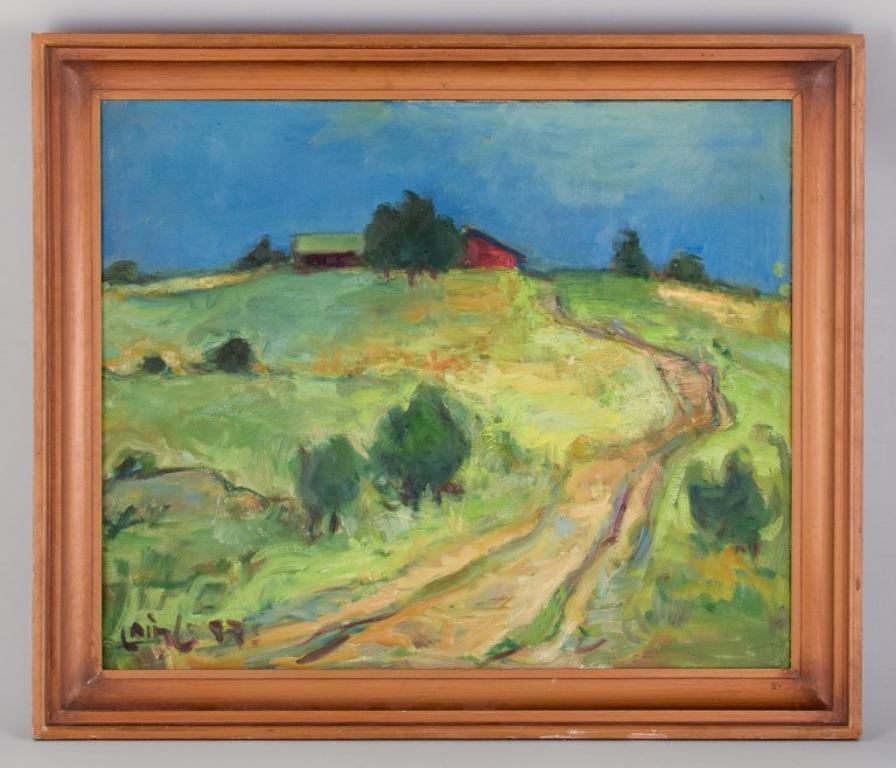 Swedish artist. Oil on canvas. Modernist country landscape.
Indistinctly signed and dated '57.
Perfect condition.
Canvas dimensions: 65.0 cm x 54.0 cm.
Total dimensions: 76.0 cm x 64.5 cm.