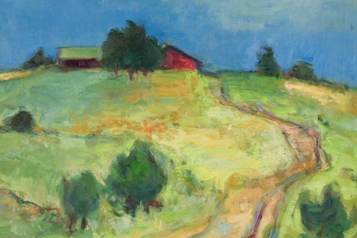 Swedish artist. Oil on canvas. Modernist country landscape. In Excellent Condition For Sale In Copenhagen, DK