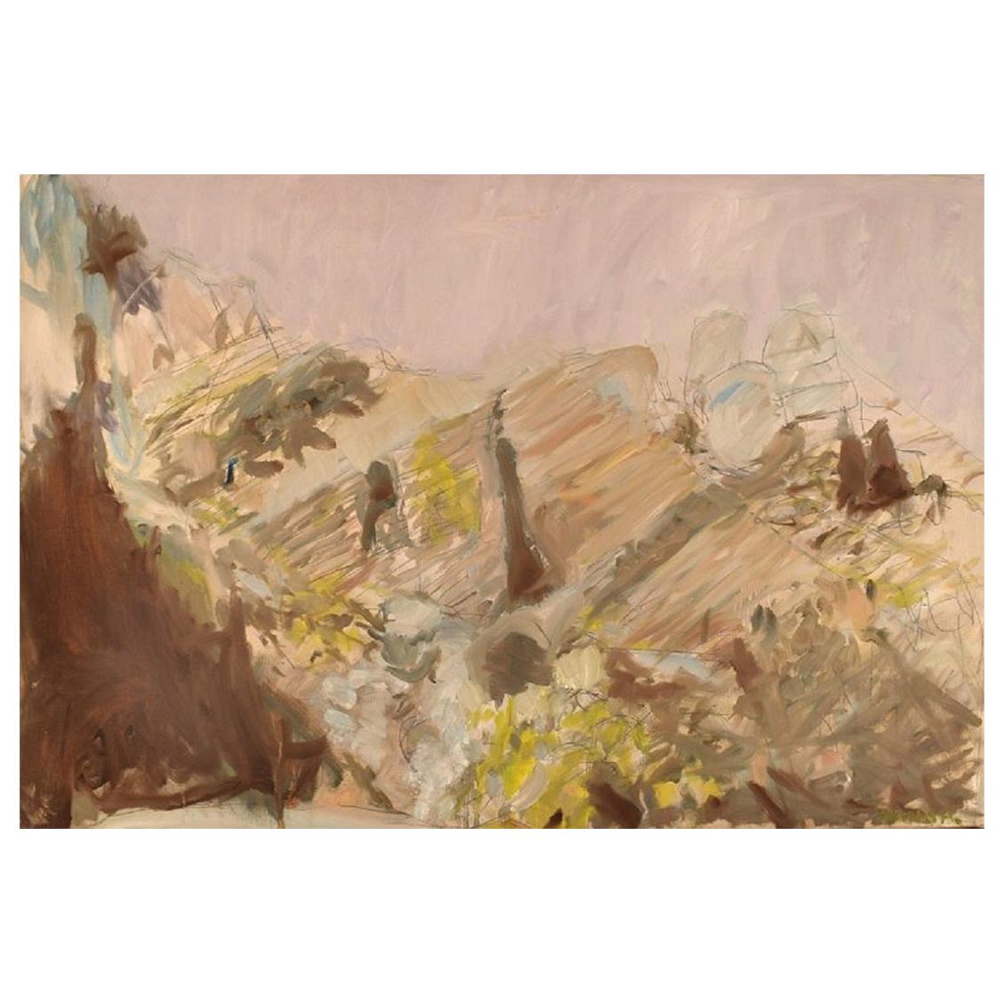 Artiste suédois, huile sur toile, paysage moderniste, années 1980 en vente