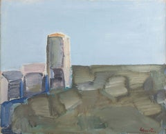 Swedish artist. Oil on canvas. Modernist landscape with a tall building. 1960s