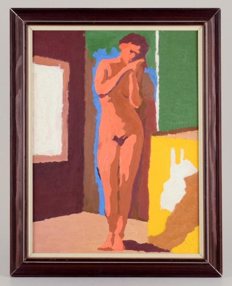Swedish artist. Oil on canvas. 
Nude female model in the interior. 
Modernist style. Colourful palette.
Signed Hasse '59.
Perfect condition.
Canvas dimensions: 39.0 cm x 29.0 cm.
Total dimensions: 47.0 cm x 37.0 cm.