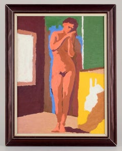 Swedish artist. Oil on canvas. Nude female model in interior, modernist style.
