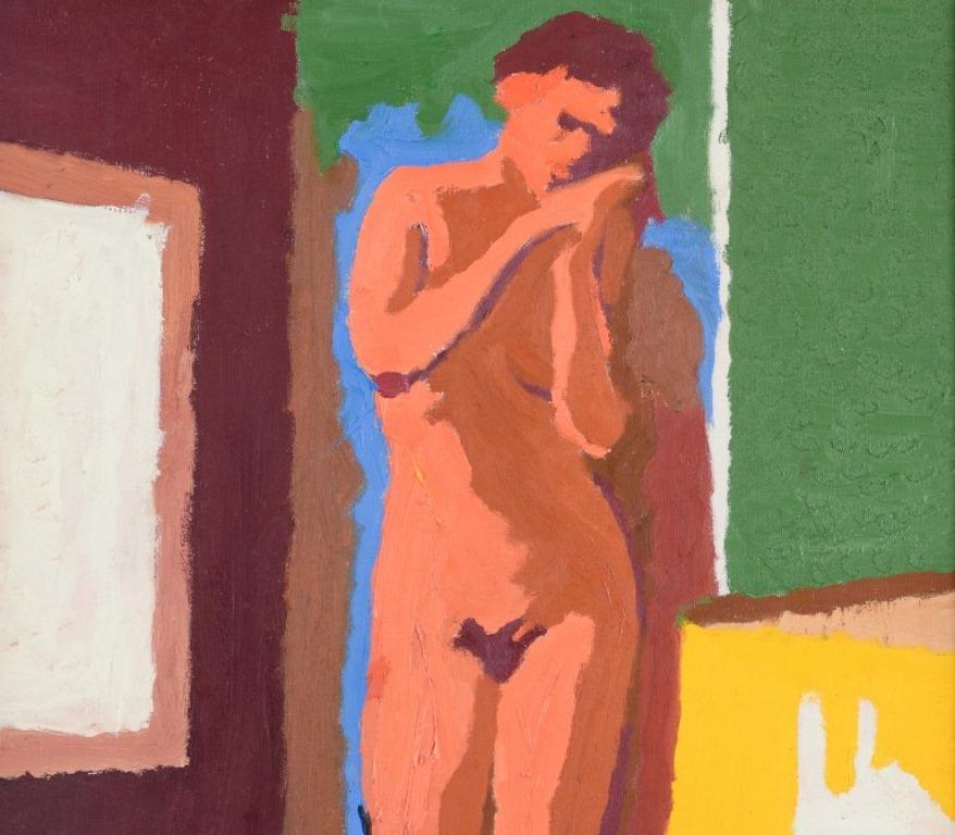 Modern Swedish artist. Oil on canvas. Nude female model in interior, modernist style. For Sale