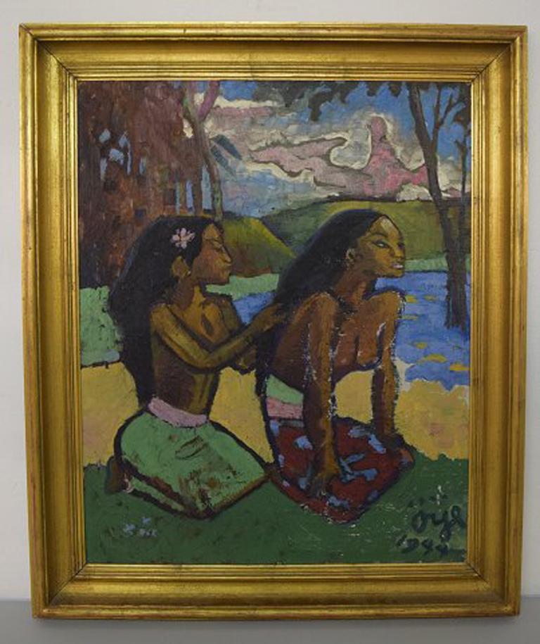 Swedish artist. Paul Gauguin style, Tahiti women traditionally dressed. In the background, tropical landscape in intense, glowing colors. 
Oil on cardboard.
Signed. Öye 1944.
Measures: 82 cm. x 63 cm. The frame measures 10 cm.
In very good