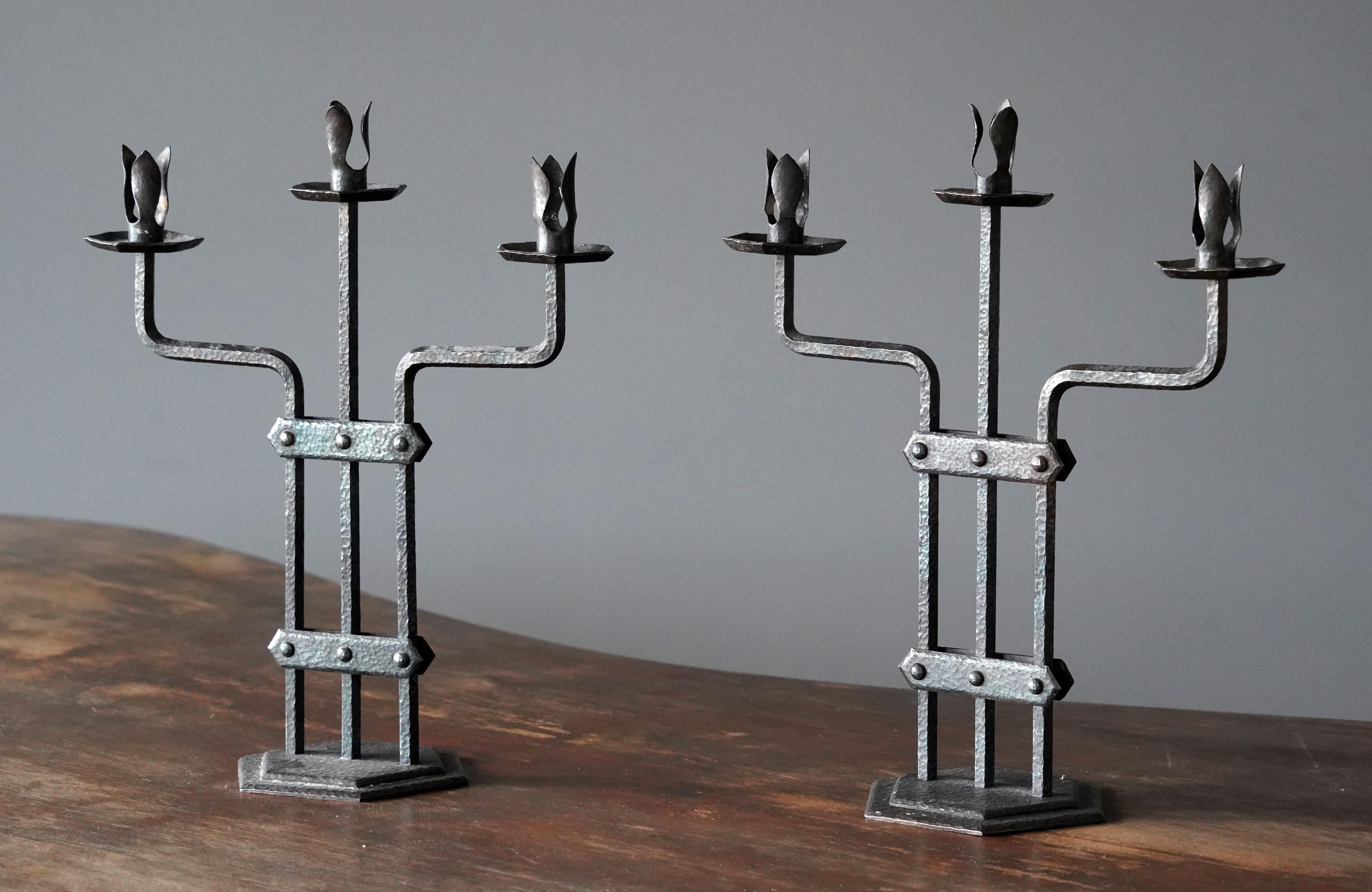 A pair of sculptural handcrafted candelabra

Produced in Sweden, circa 1940s.

Other designers of the period include Diego Giacometti, Lars Holmström, Josef Frank, Folke Bensow, and Isamu Noguchi.