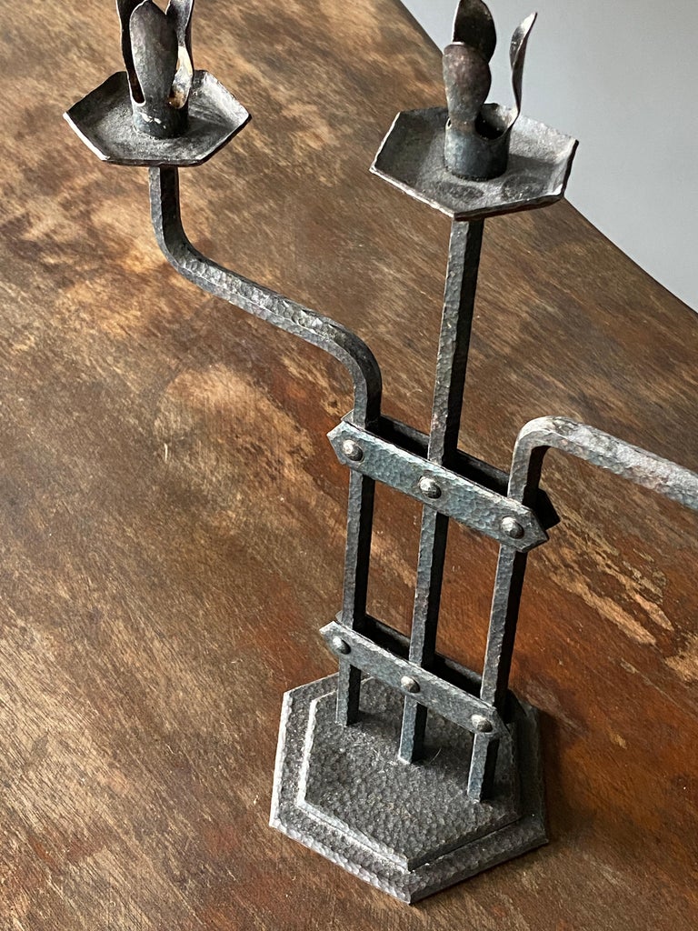 Swedish Artist, Sculptural Candelabra, Iron, Sweden, 1940s For Sale at