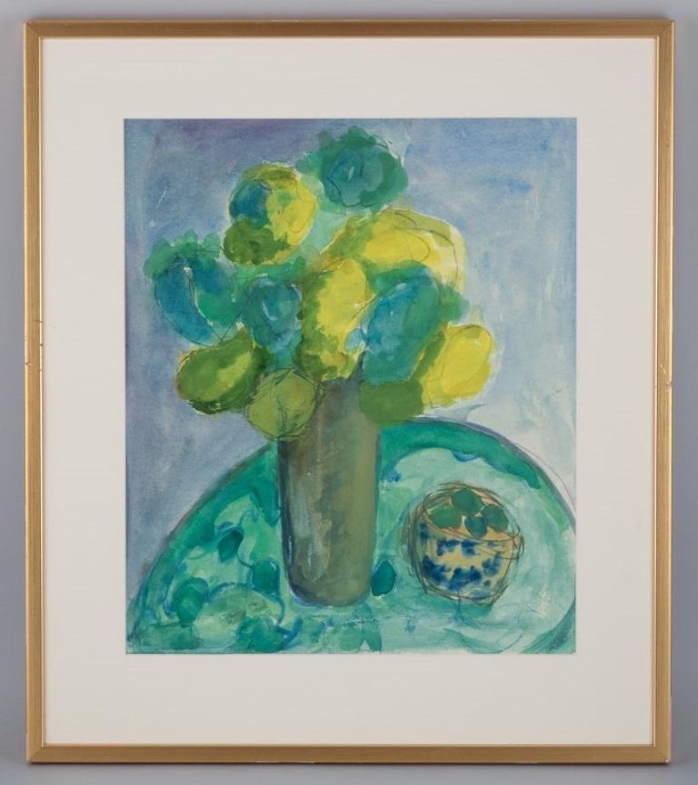 Swedish artist. Watercolor on paper.
Modernist floral still life. Colorful palette.
Approximately from the 1970s.
In perfect condition.
Image dimensions: 38.0 cm x 45.0 cm.
Total dimensions: 54.0 cm x 62.0 cm.