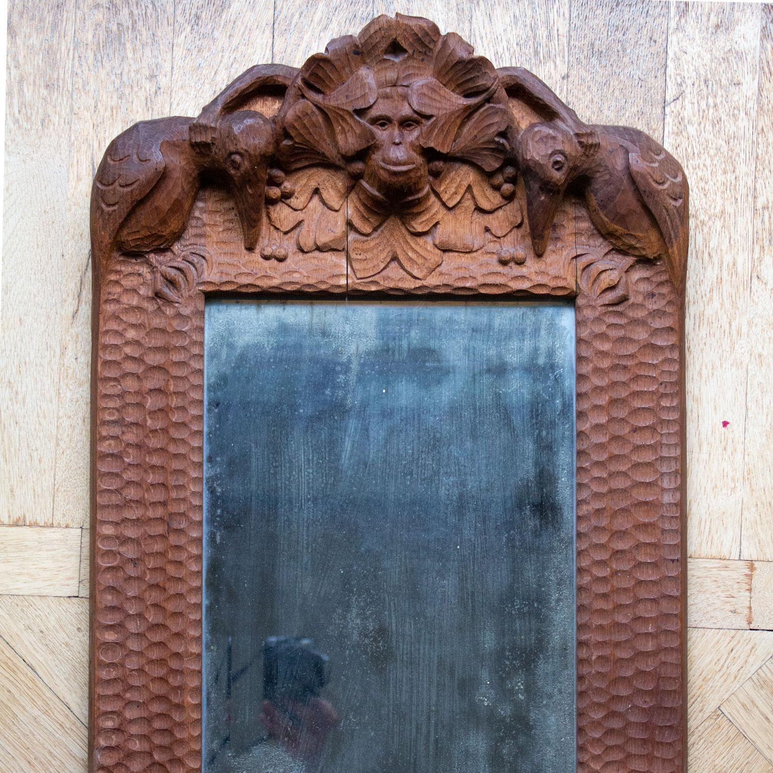Arts and Crafts Swedish Arts & Crafts Hand Carved Oak Mirror with Monkey and Birds