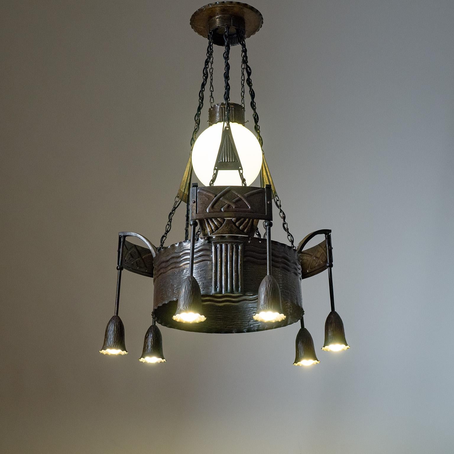 Early 20th Century Swedish Arts & Crafts Bronze Chandelier, circa 1910 For Sale
