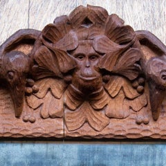 Swedish Arts & Crafts Hand Carved Oak Mirror with Monkey and Birds