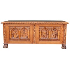 Swedish Arts & Crafts, Neo Gothic Hand-Carved Chest in Oak, circa 1920