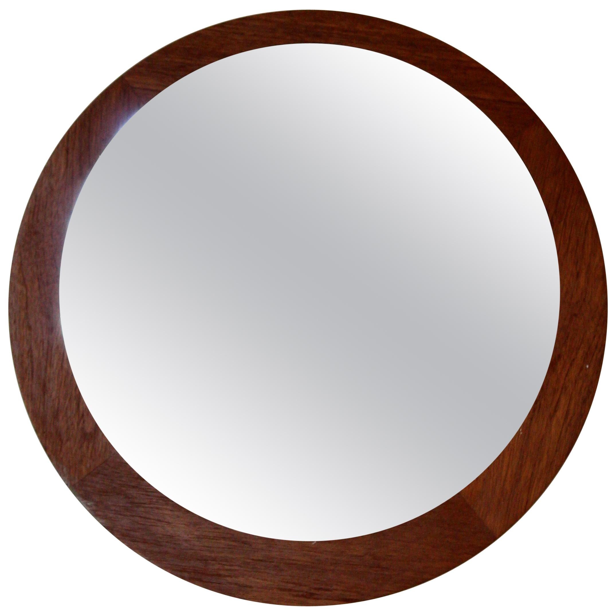 Swedish, Round Wall Mirror, Solid Oak, Leather, Mirror Glass, Sweden