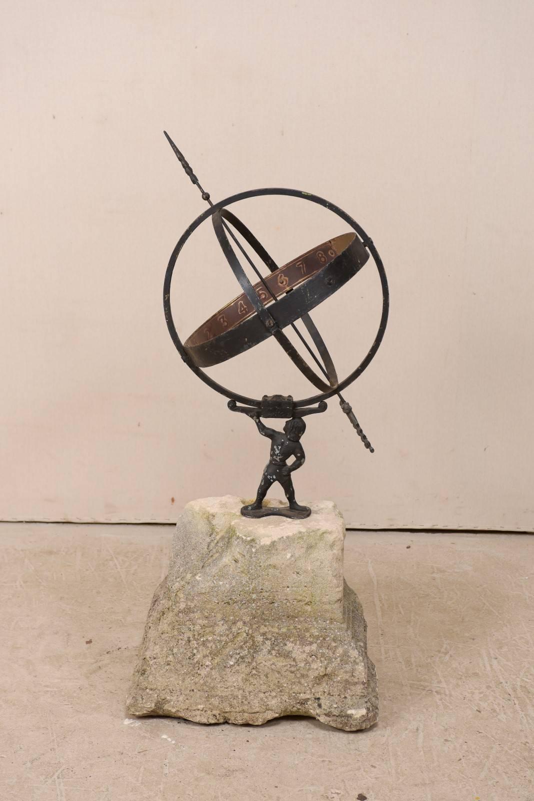 Swedish Atlas Armillary Sundial Mounted on Hand-Carved Antique Stone Plinth For Sale 3