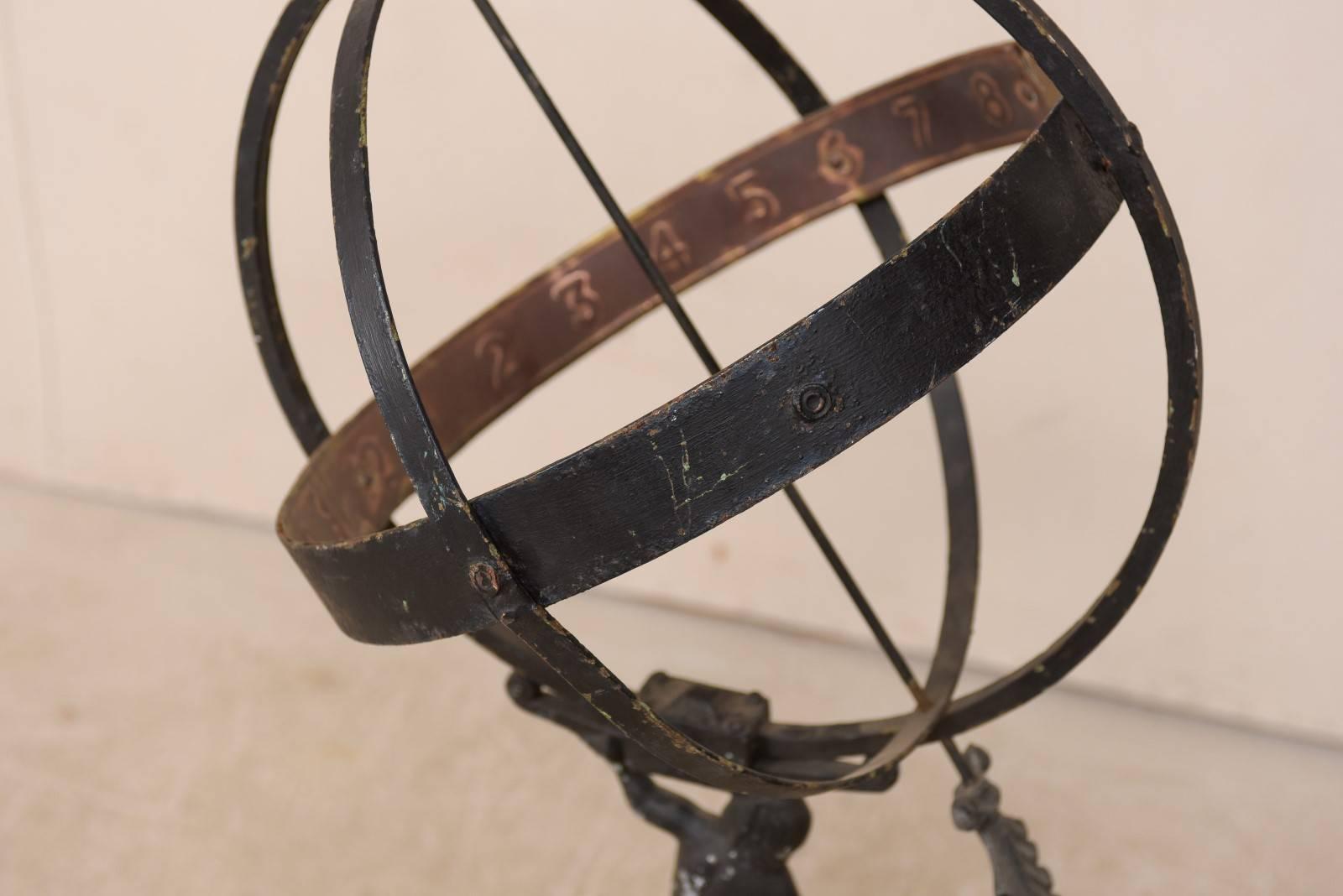 Swedish Atlas Armillary Sundial Mounted on Hand-Carved Antique Stone Plinth In Good Condition For Sale In Atlanta, GA
