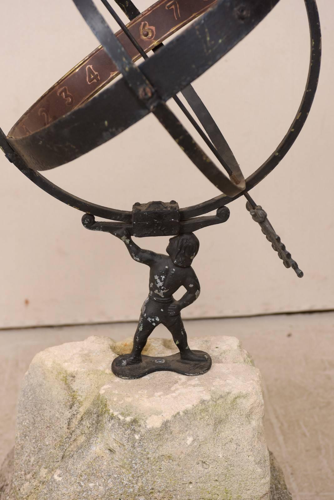 20th Century Swedish Atlas Armillary Sundial Mounted on Hand-Carved Antique Stone Plinth For Sale