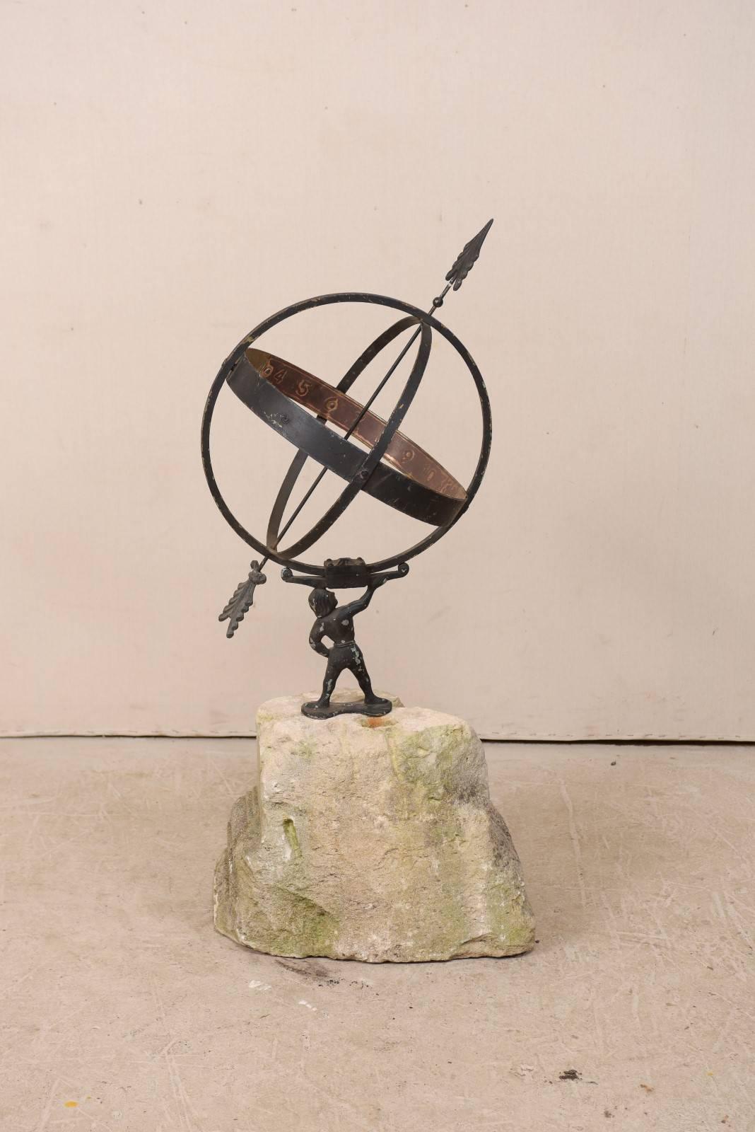 Metal Swedish Atlas Armillary Sundial Mounted on Hand-Carved Antique Stone Plinth For Sale