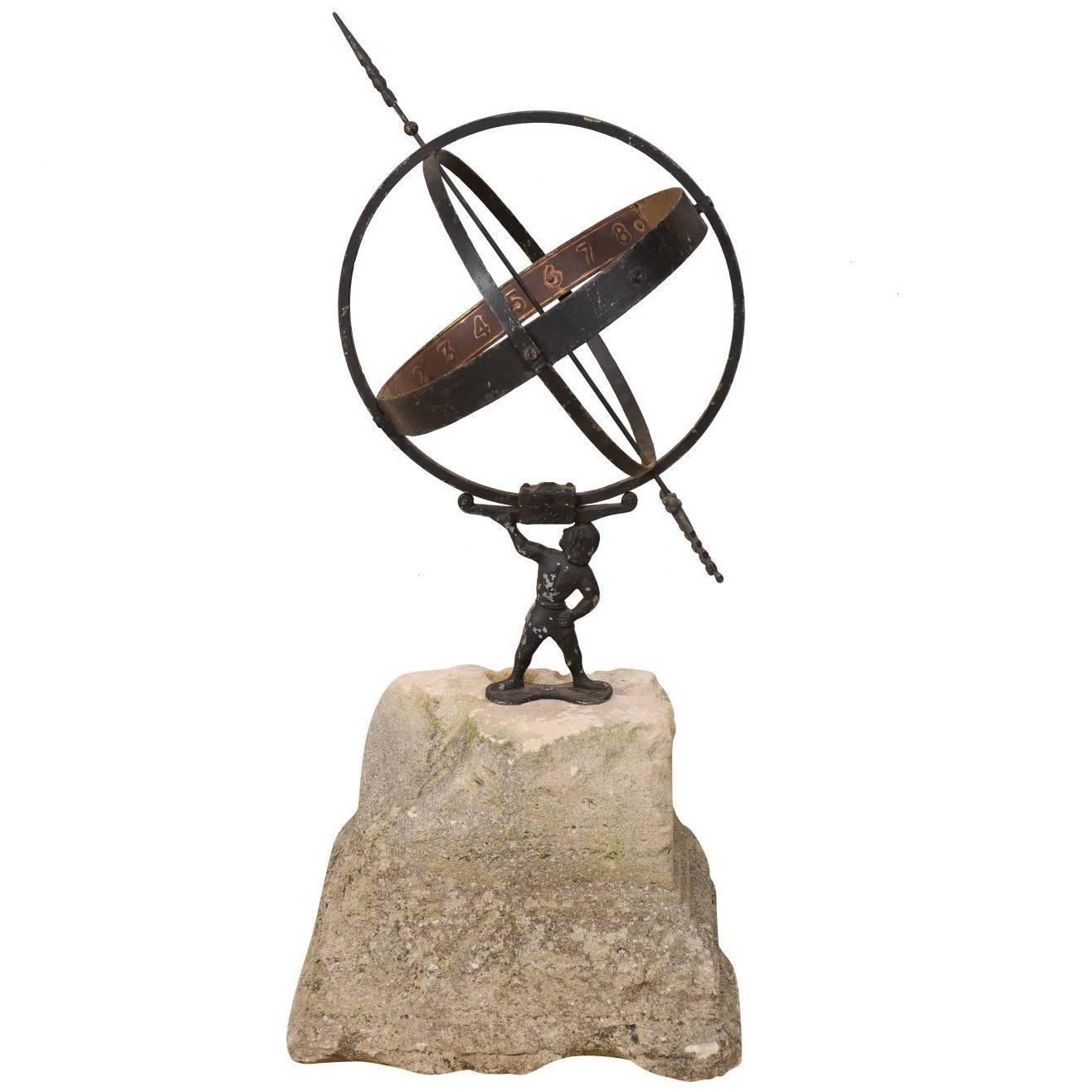 Swedish Atlas Armillary Sundial Mounted on Hand-Carved Antique Stone Plinth For Sale