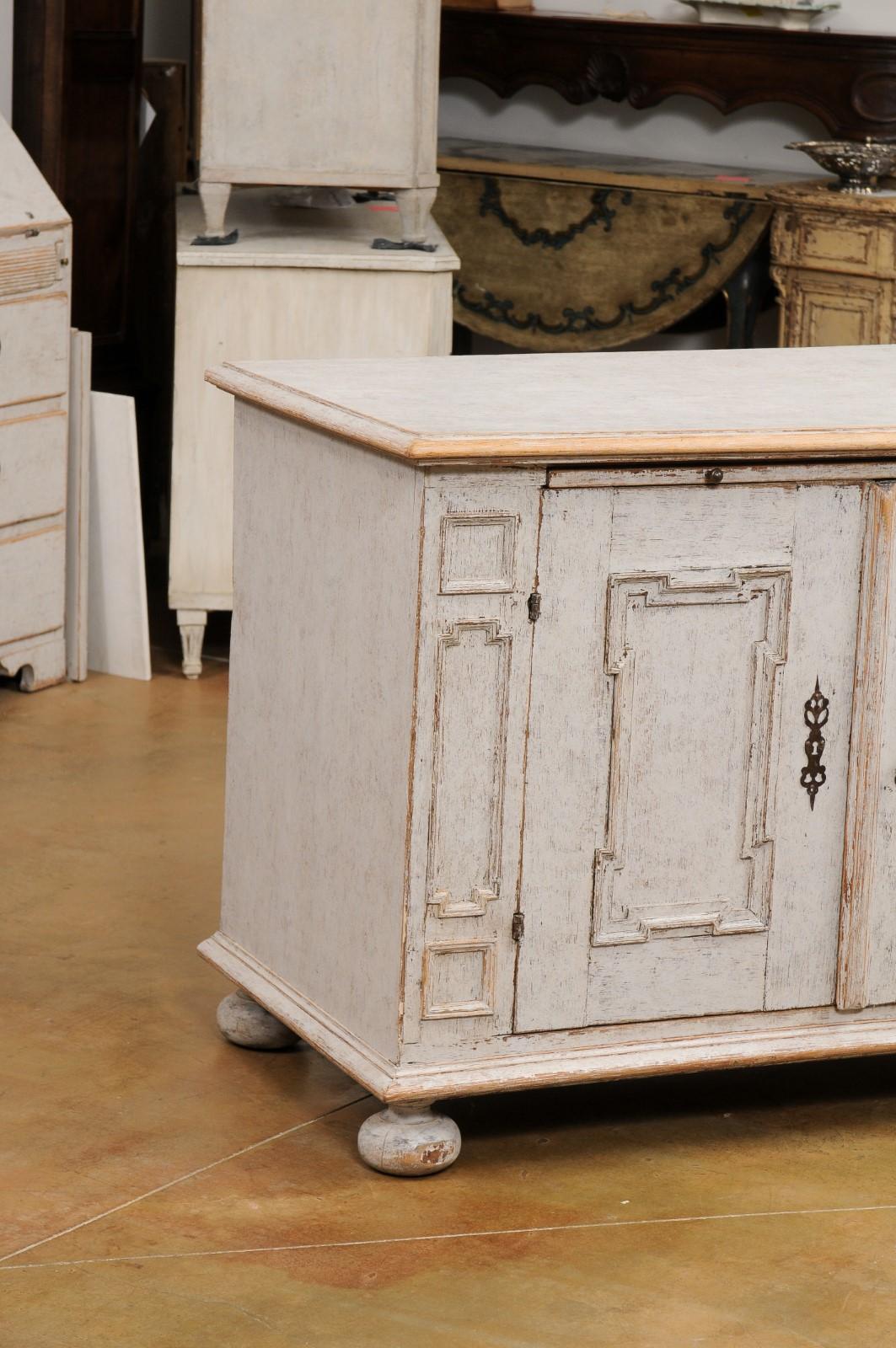 18th Century Swedish Baroque, 1740s Painted Buffet with Carved Doors and Pullout Drawer For Sale