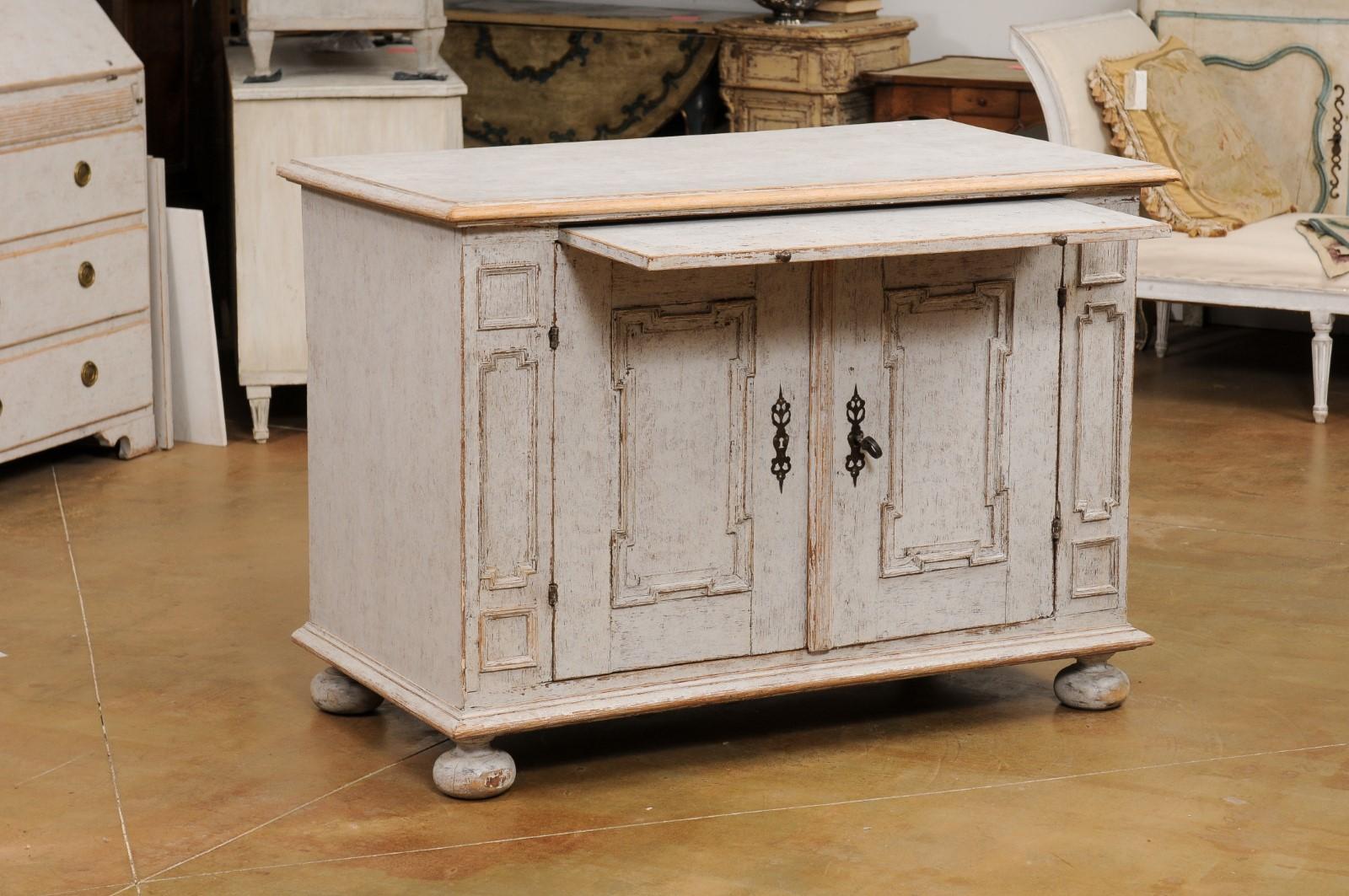 Wood Swedish Baroque, 1740s Painted Buffet with Carved Doors and Pullout Drawer For Sale