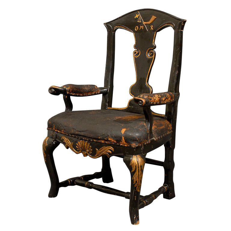 Swedish Baroque Captain's Arm Chair, Hand-Carved with Gold Trim c. 1750 For Sale
