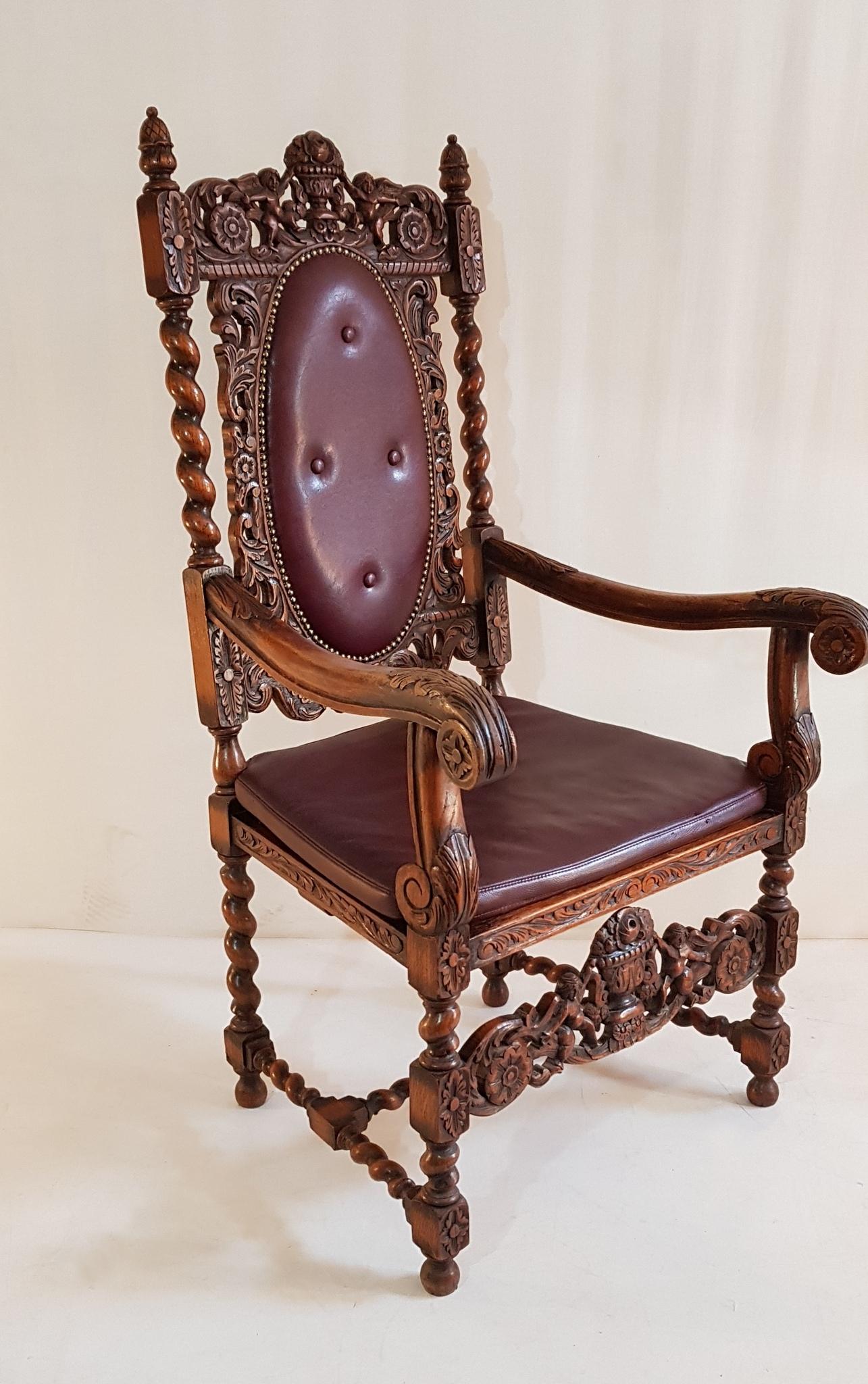 Leather Swedish Baroque Oak Style Armchair, circa 1920