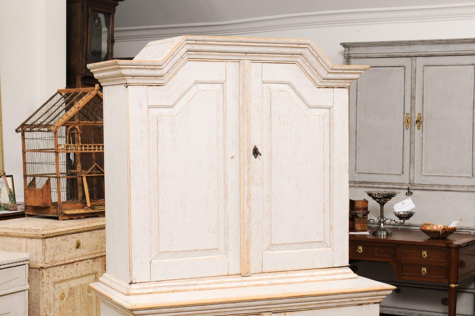 Wood Swedish Baroque Period 1760 Painted Two-Part Cabinet with Four Doors For Sale
