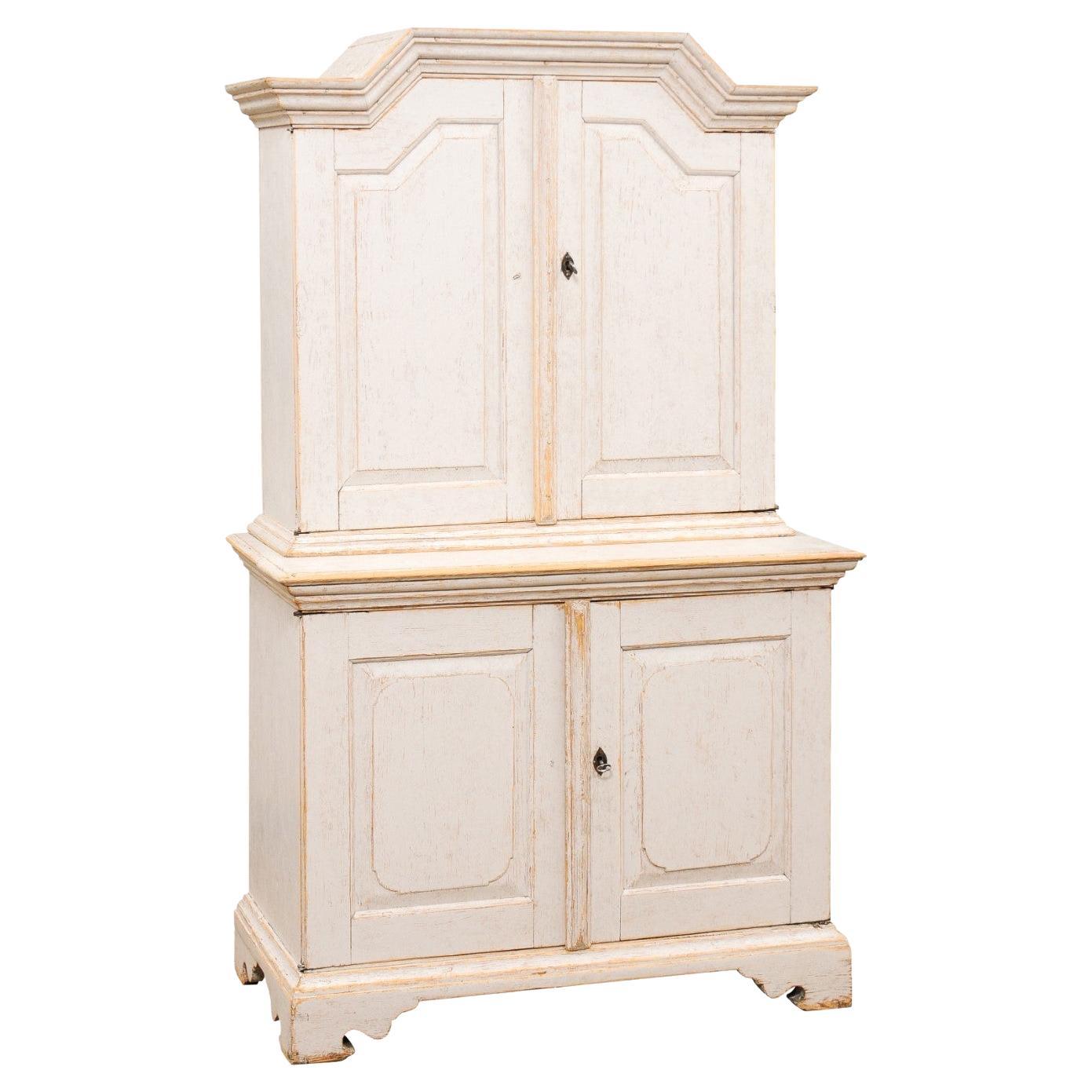 Swedish Baroque Period 1760 Painted Two-Part Cabinet with Four Doors For Sale