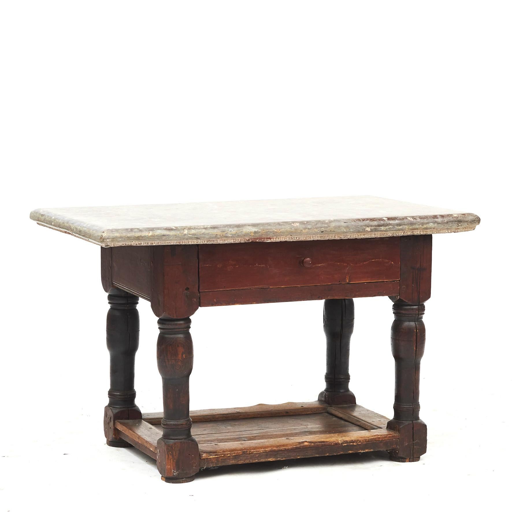 Swedish Baroque Table Red painted Oak with Öland Limestone Top In Good Condition For Sale In Kastrup, DK