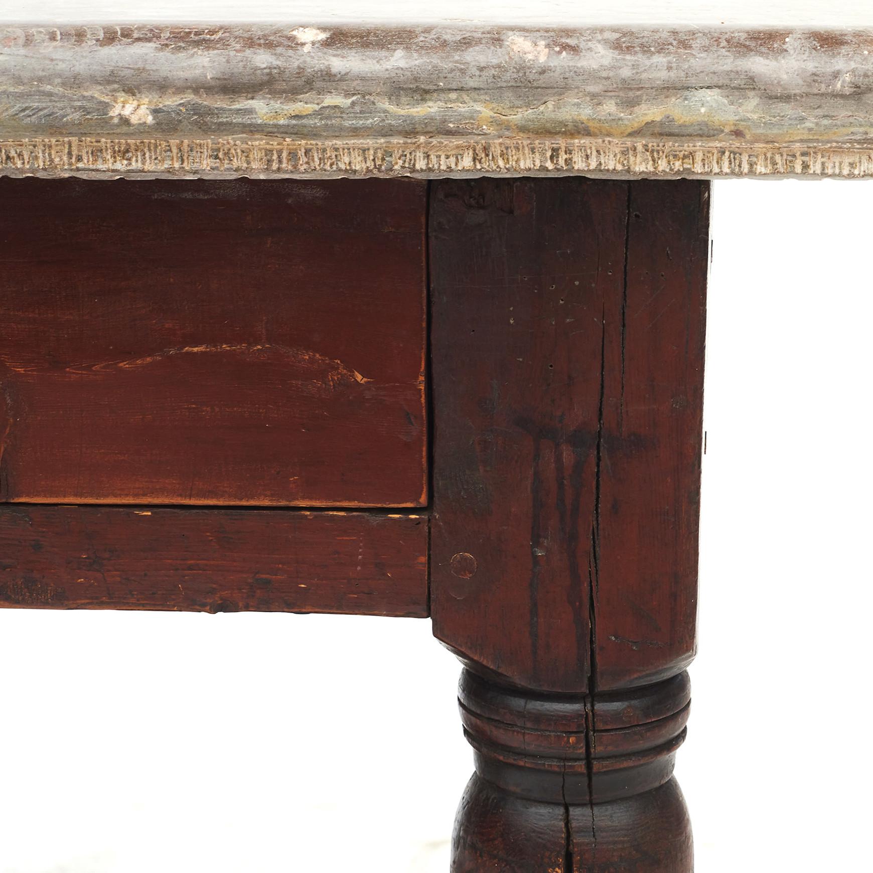 Swedish Baroque Table Red painted Oak with Öland Limestone Top For Sale 5