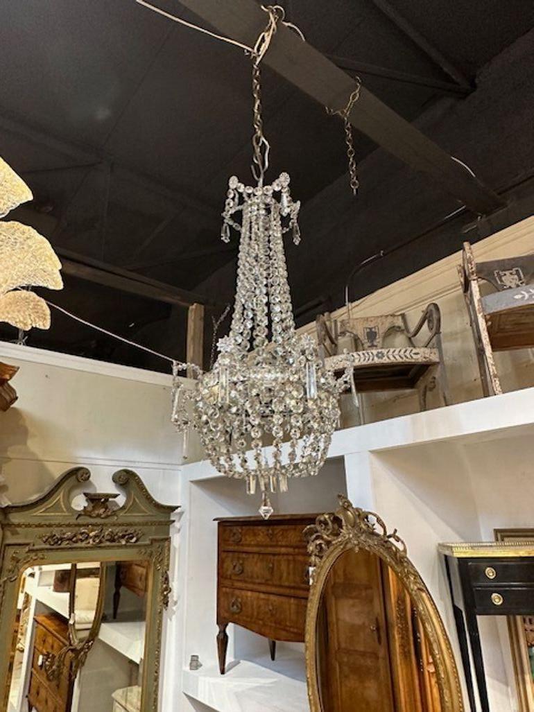 19th century Swedish crystal basket form chandelier. Circa 1890. The chandelier has been professionally rewired, comes with matching chain and canopy. It is ready to hang!