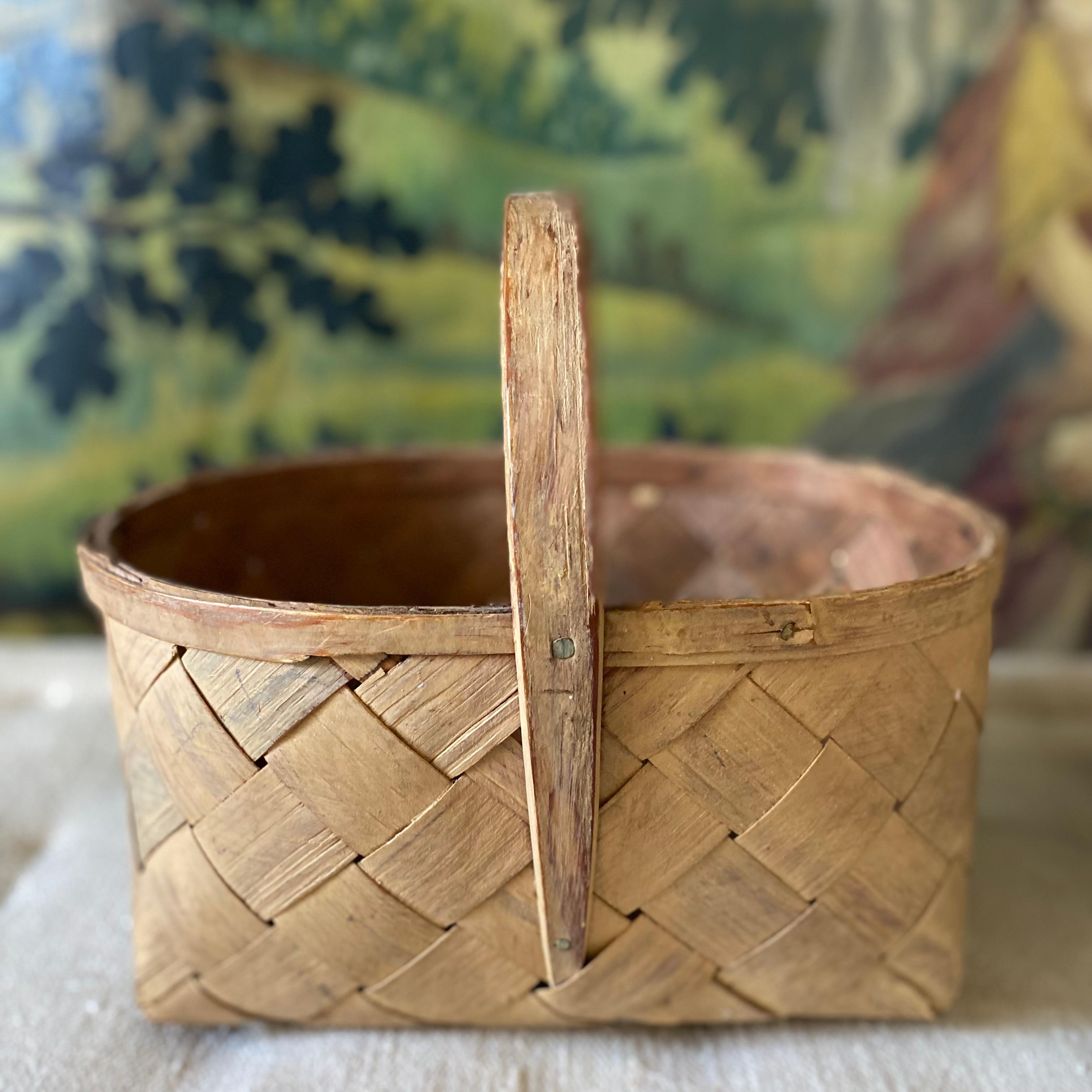 A simple but beautiful late 19th century Swedish hand woven basket - in soft maize yellow original paint and offered in very good condition 