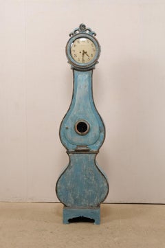 Swedish Beautiful Blue & Curvy-Shaped Fryksdahl Grandfather Clock, 19th Century