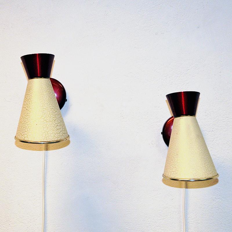 Scandinavian Modern Swedish Beige and Red Metal Vintage Pair of Cone Wall Sconces by, 1950s For Sale