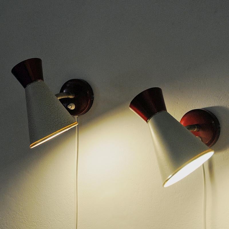 Enameled Swedish Beige and Red Metal Vintage Pair of Cone Wall Sconces by, 1950s For Sale